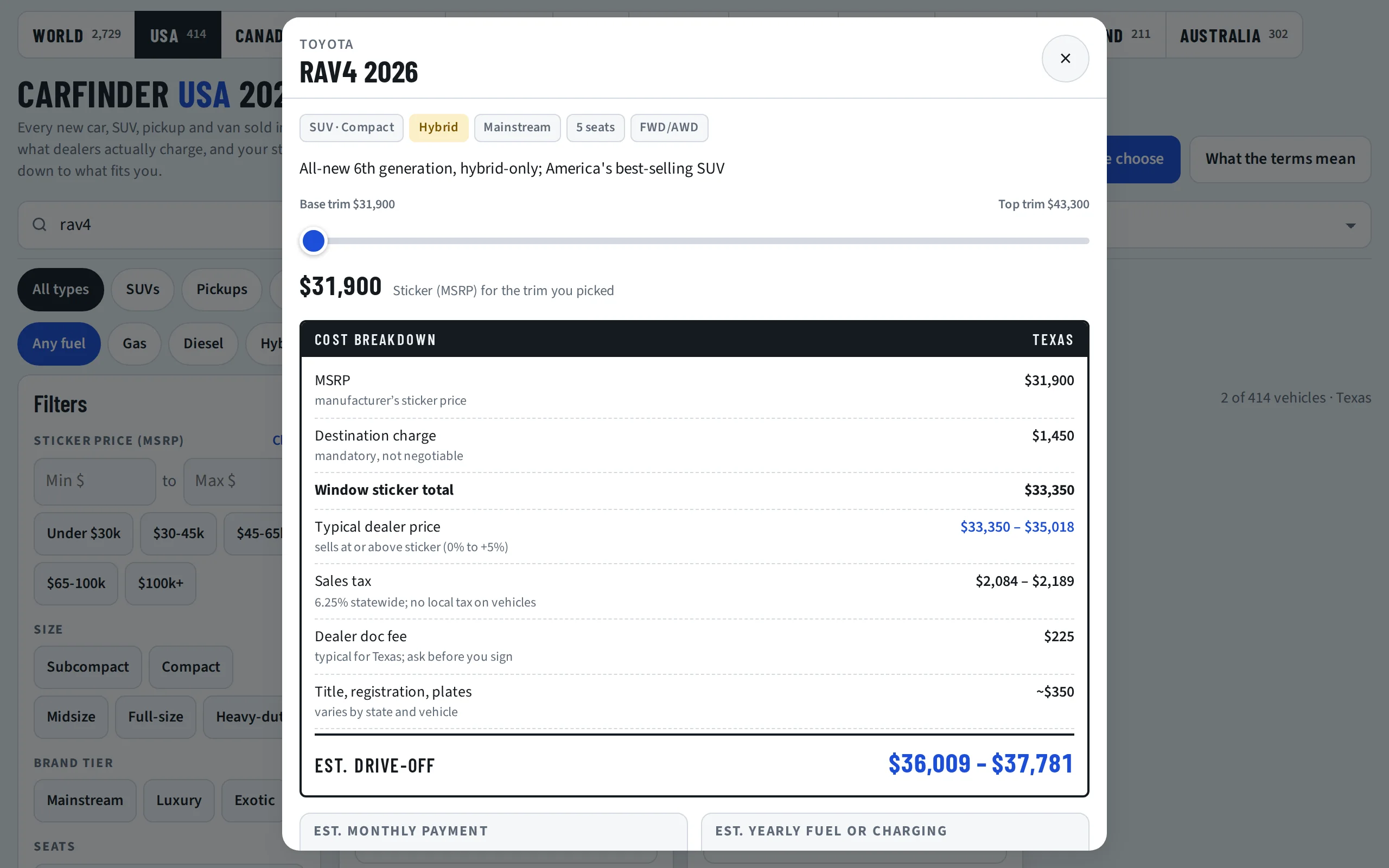 The detail sheet for a Toyota RAV4 in Texas: trim slider, cost breakdown from MSRP to drive-off, monthly payment and fuel cost panels