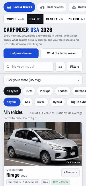 On a phone: tapping a card opens the cost breakdown, the trim slider raises the total from base to top trim, then a price preset in the filter sheet narrows the list