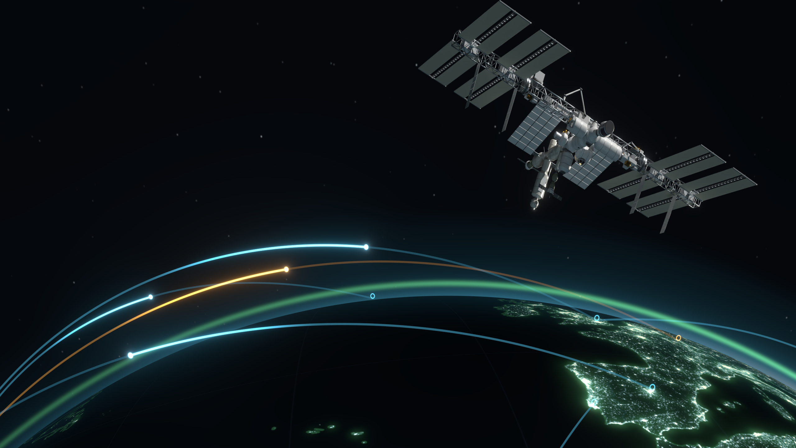 The International Space Station over the night side of Earth, with live flight paths arcing across the Atlantic