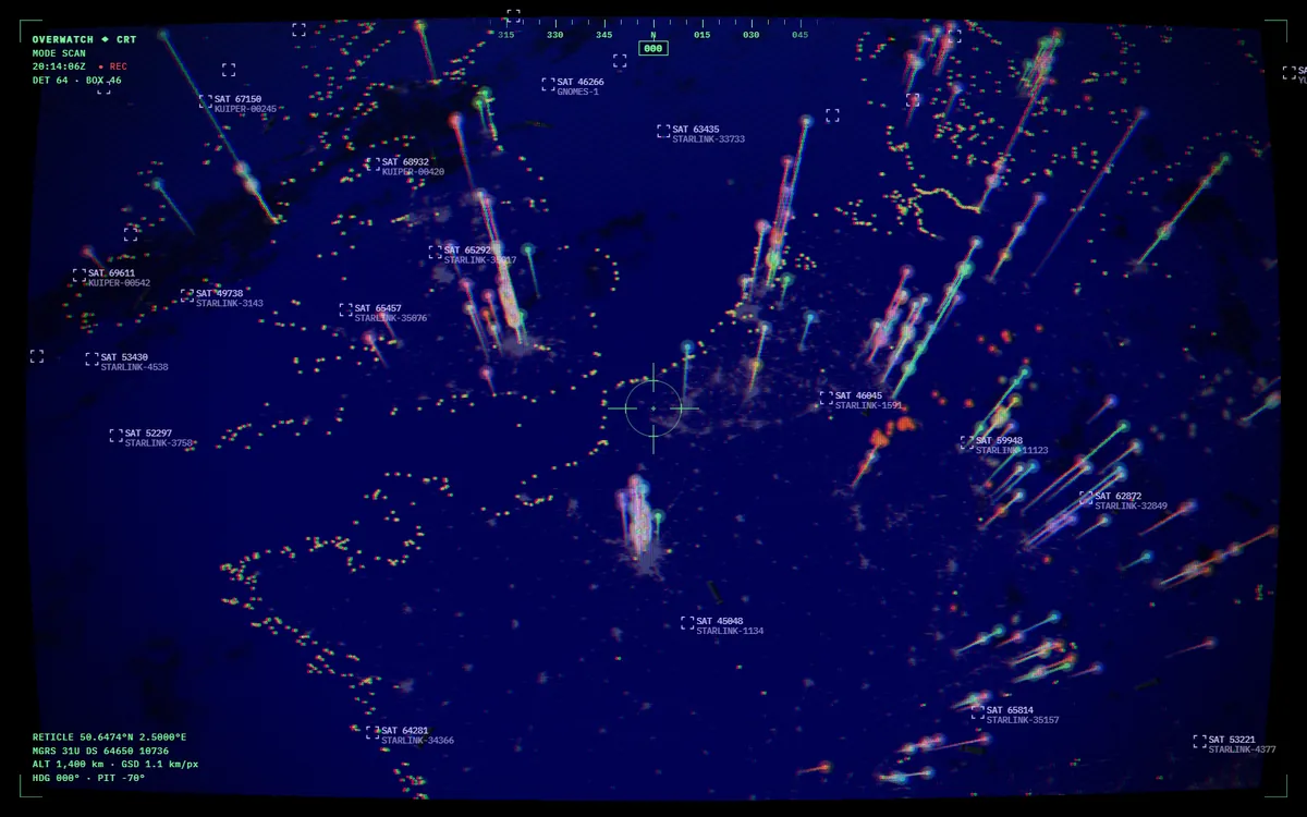 Europe from 1,400 km on an old-monitor look, with detection boxes and IDs on satellites