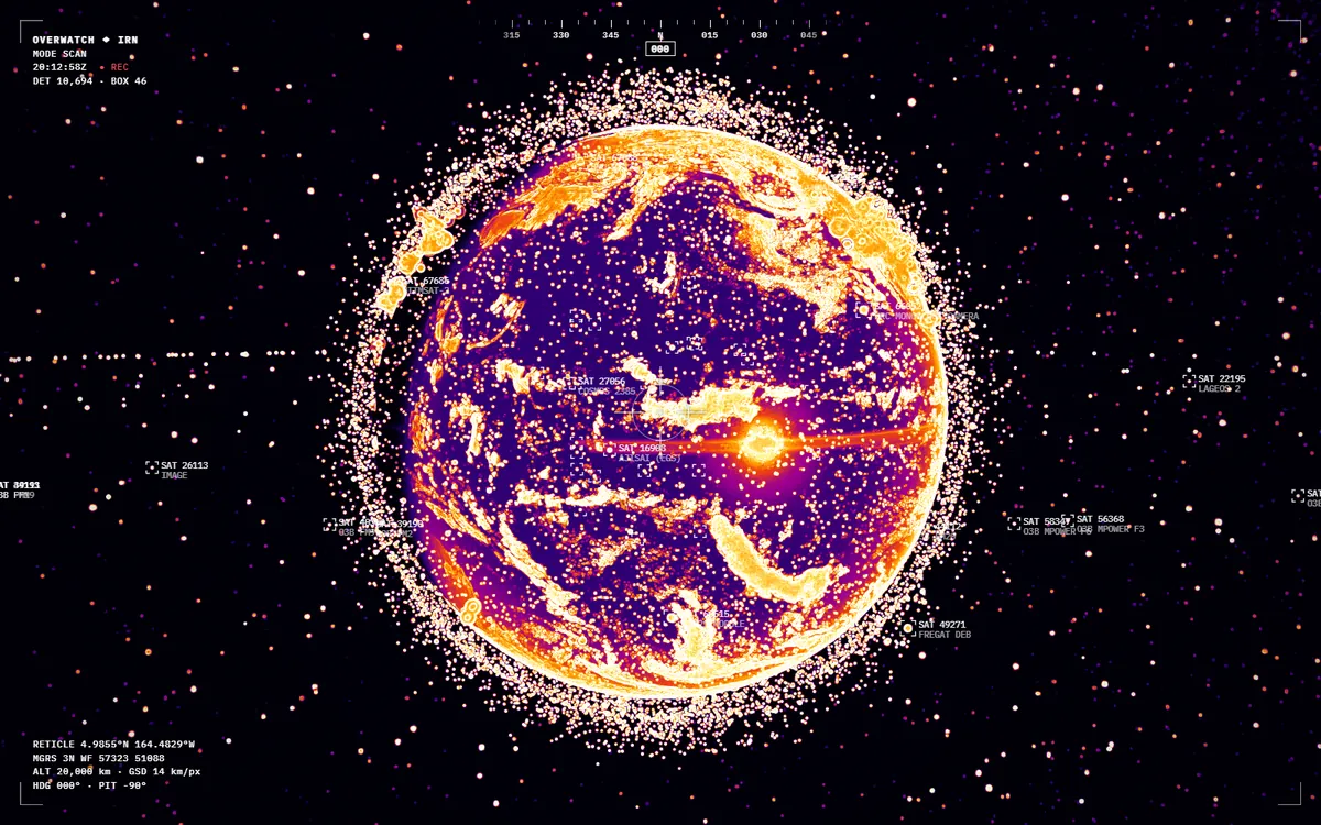 The whole Earth in ironbow thermal colours, ringed by satellites, with a tactical HUD