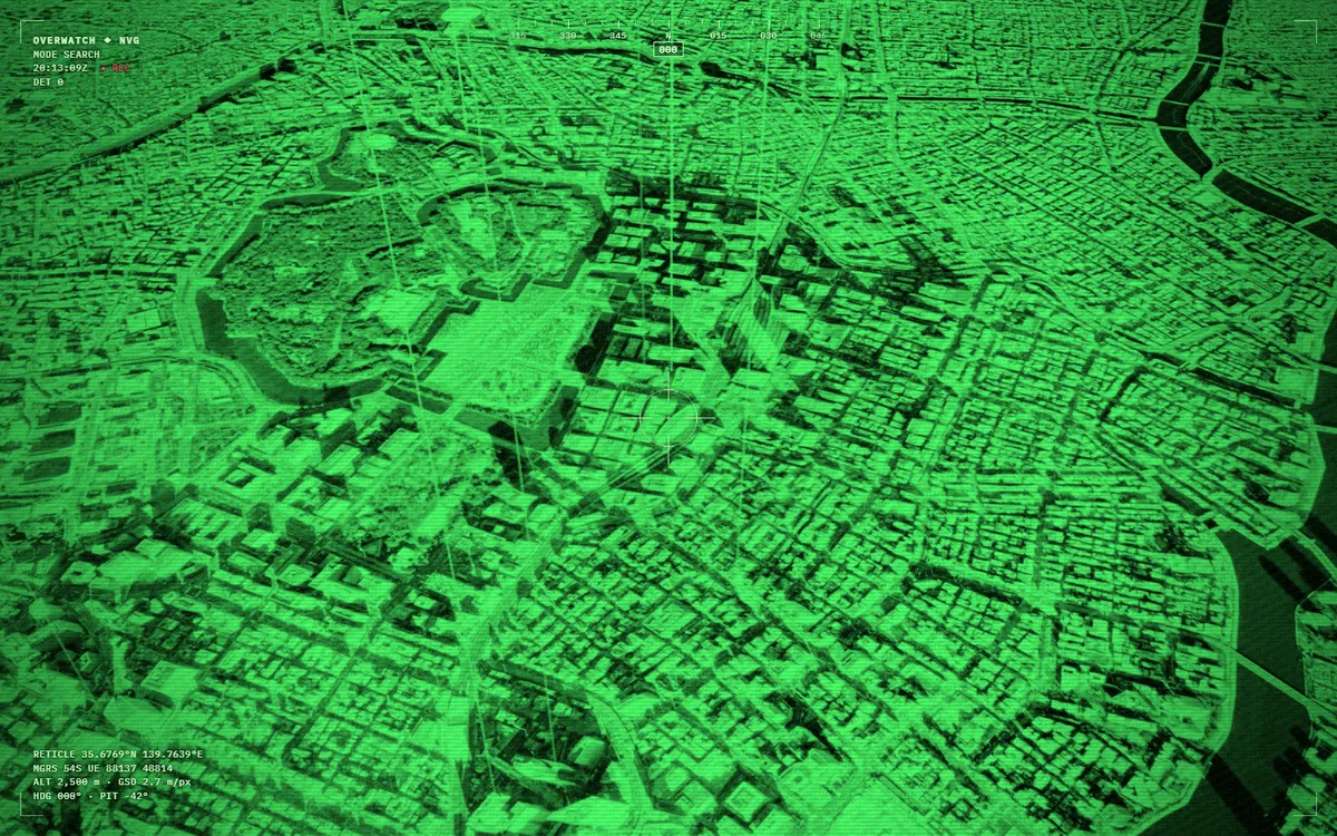 Tokyo's streets in green night vision, seen at a tilt from 2.5 km