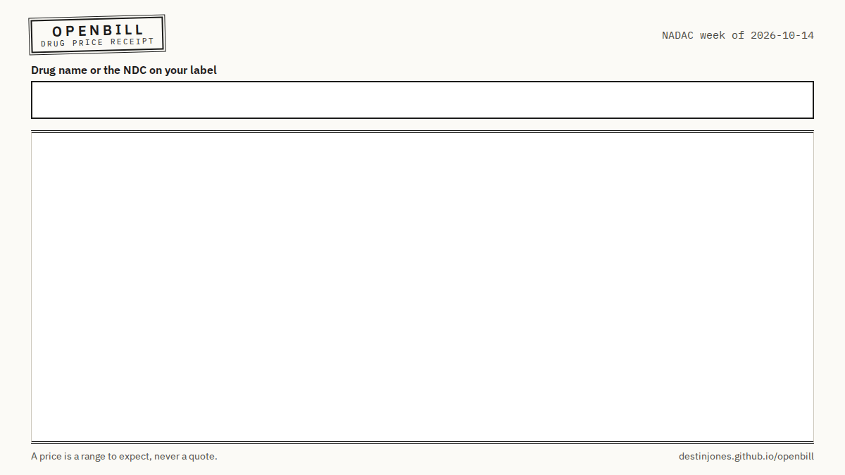 A 6-second 16:9 clip of the OpenBill card: the search box types “aripiprazole”, the card for ARIPIPRAZOLE 10 MG TABLET resolves, then pharmacies pay $3.35 for 30 tablets (filed); Medicare Part D paid $46.50 (filed, 2024 average); the spread, 13.9× (estimated), then the source lines appear.