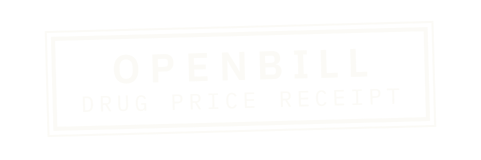 The OpenBill wordmark, a rubber stamp reading “OpenBill, drug price receipt”, in light ink, for dark backgrounds.