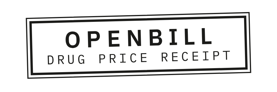 The OpenBill wordmark, a rubber stamp reading “OpenBill, drug price receipt”, in dark ink, for light backgrounds.